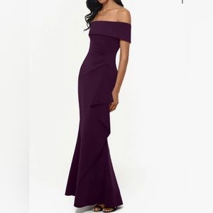 NEW Xscape Long Off The Shoulder Scuba Crepe Dress Ruffle Gown Plum 14 $199